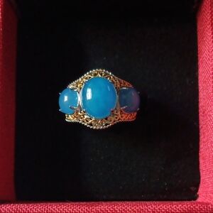 Blue Jade (D) 8.50 ctw 3 Stone Ring in 18K Vermeil YG and Rhodium Over Sterling